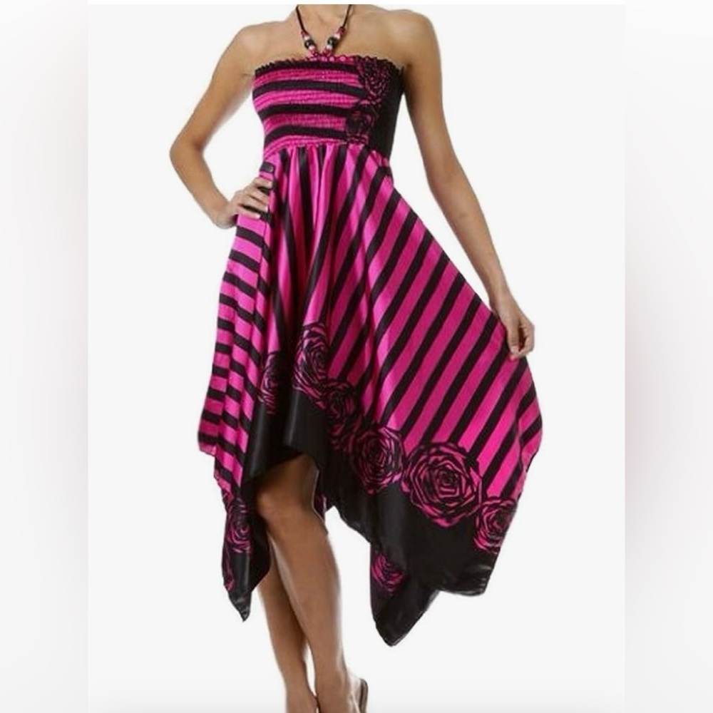 Striped Satin Feel Beaded Halter Smocked Bodice Handkerchief Hem Dress
